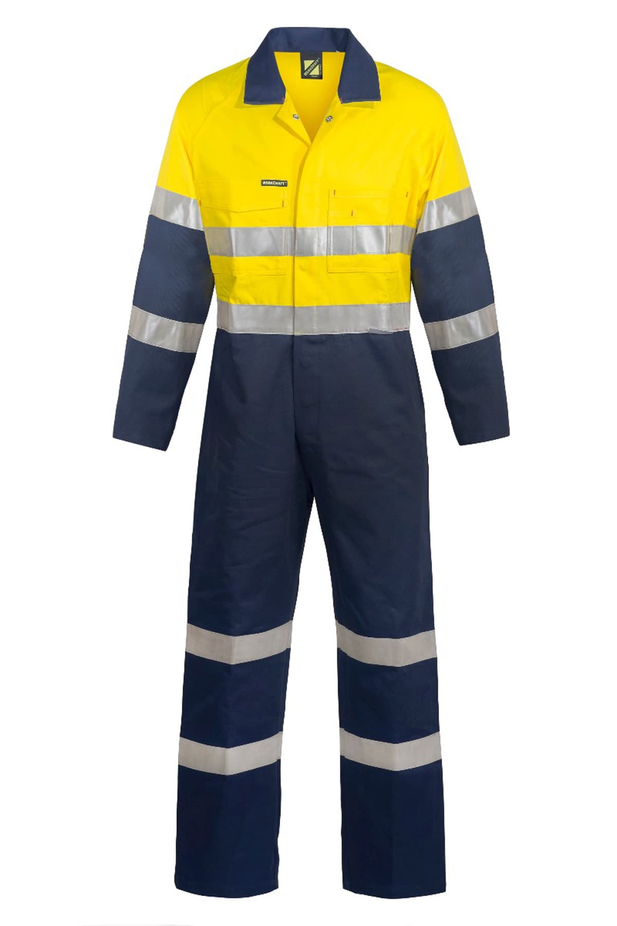Workcraft Hi Vis Cotton Drill Reflective Industrial Laundry Coveralls (Navy/Yellow, Long Size)