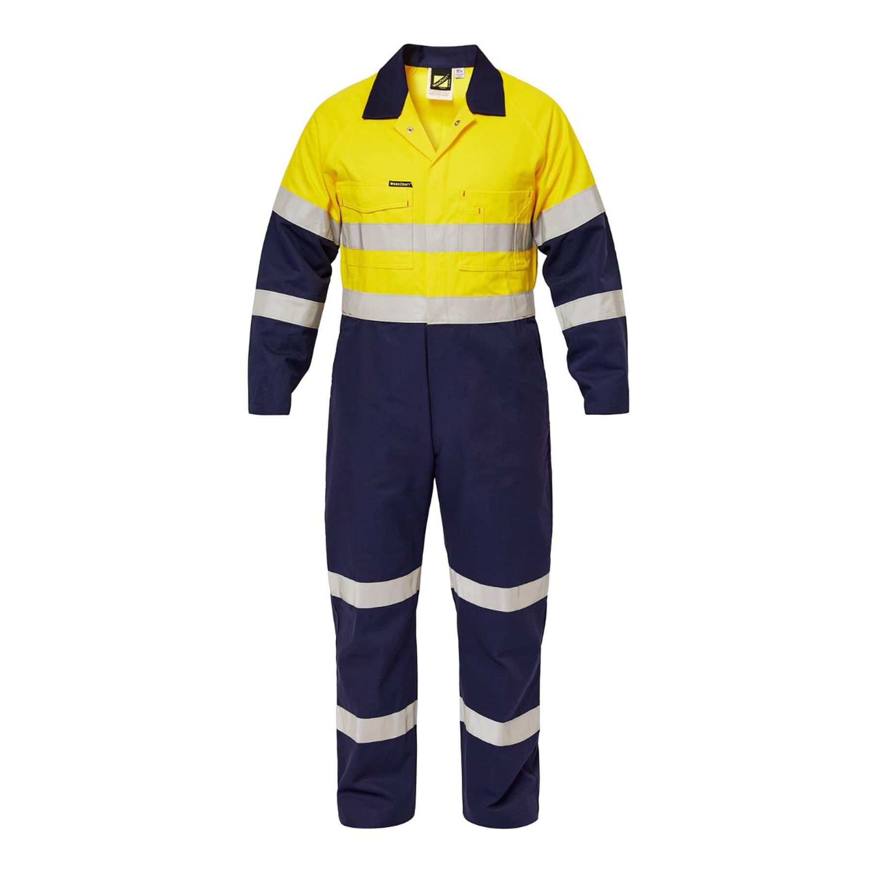 Workcraft Hi Vis Two Tone Cotton Drill Coveralls With Industrial Laundry Reflective Tape (Navy/Yellow)