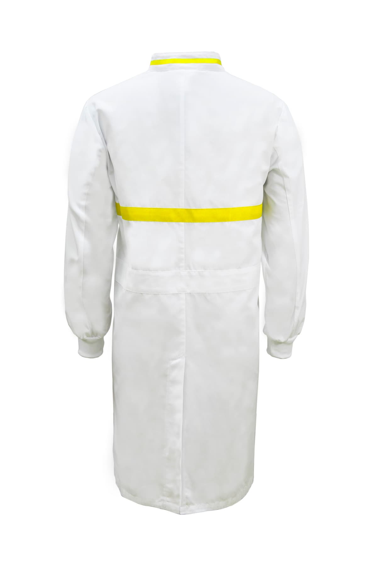Workcraft Long Sleeve Food Industry Long Length Dustcoat With Contrast Trims On Collar And Chest (White/Dayglow Yellow)