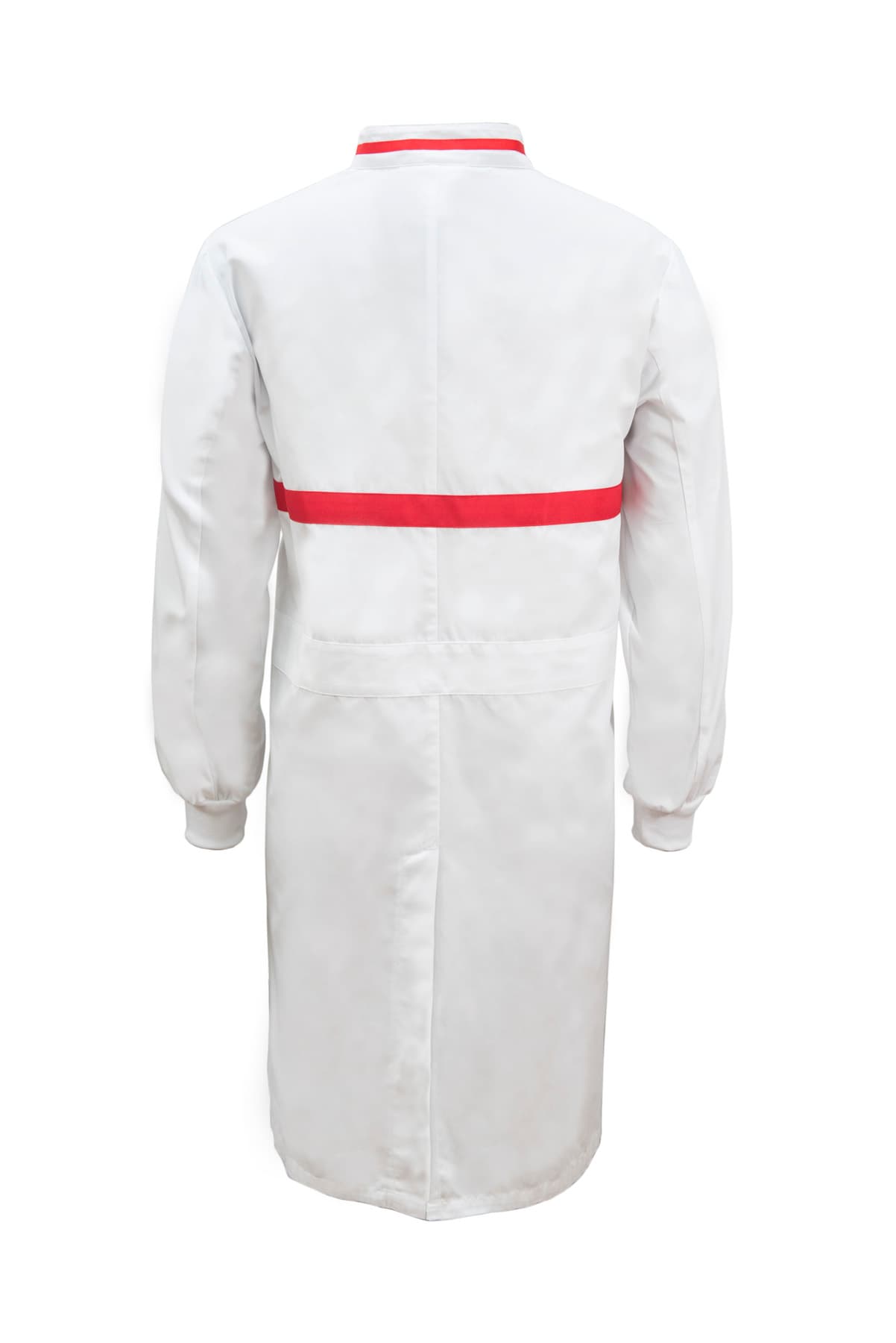 Workcraft Long Sleeve Food Industry Long Length Dustcoat With Contrast Trims On Collar And Chest (White/Red)