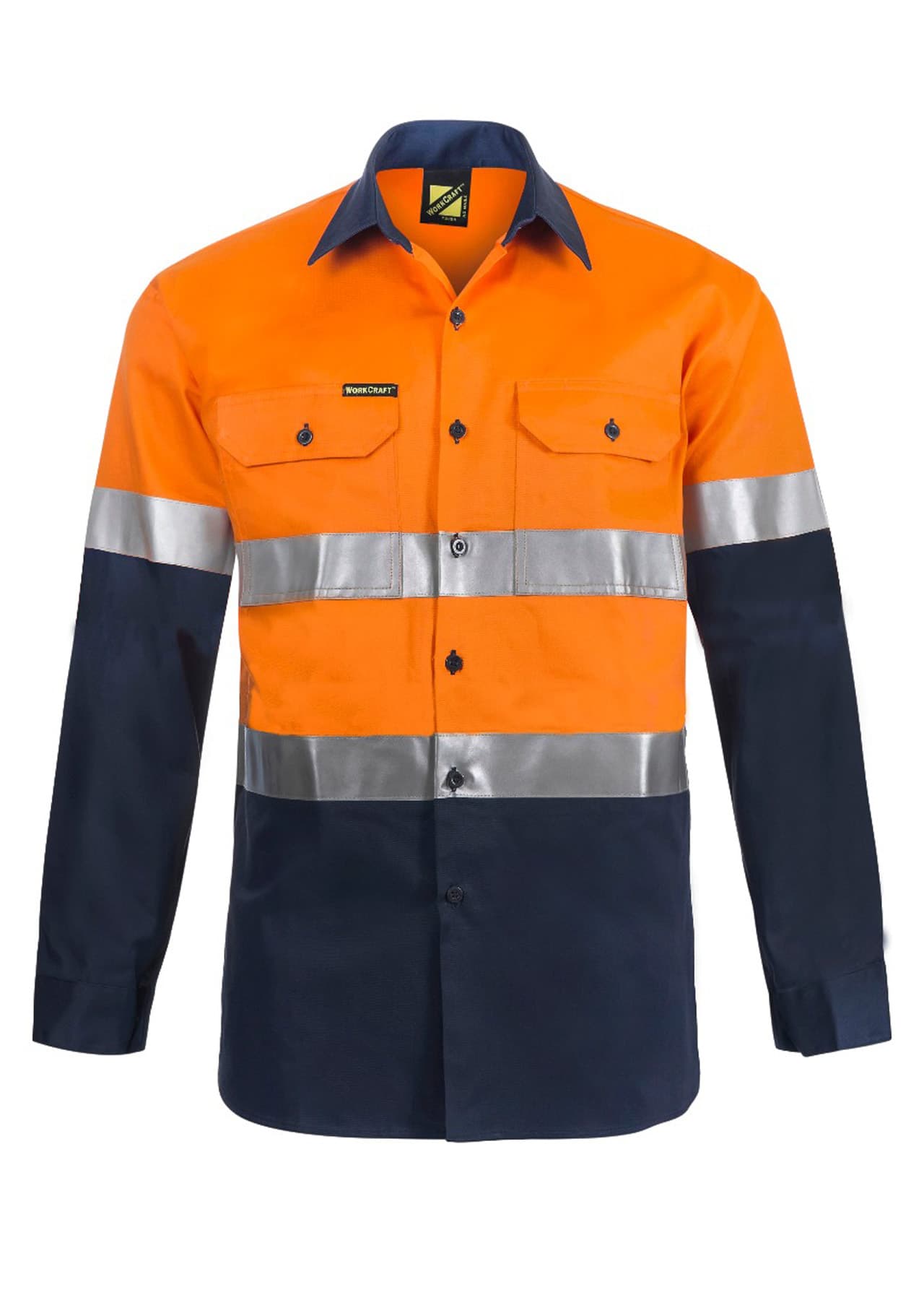 Workcraft Hi Vis Long Sleeve Cotton Drill Industrial Laundry Reflective Shirt (Navy/Orange)