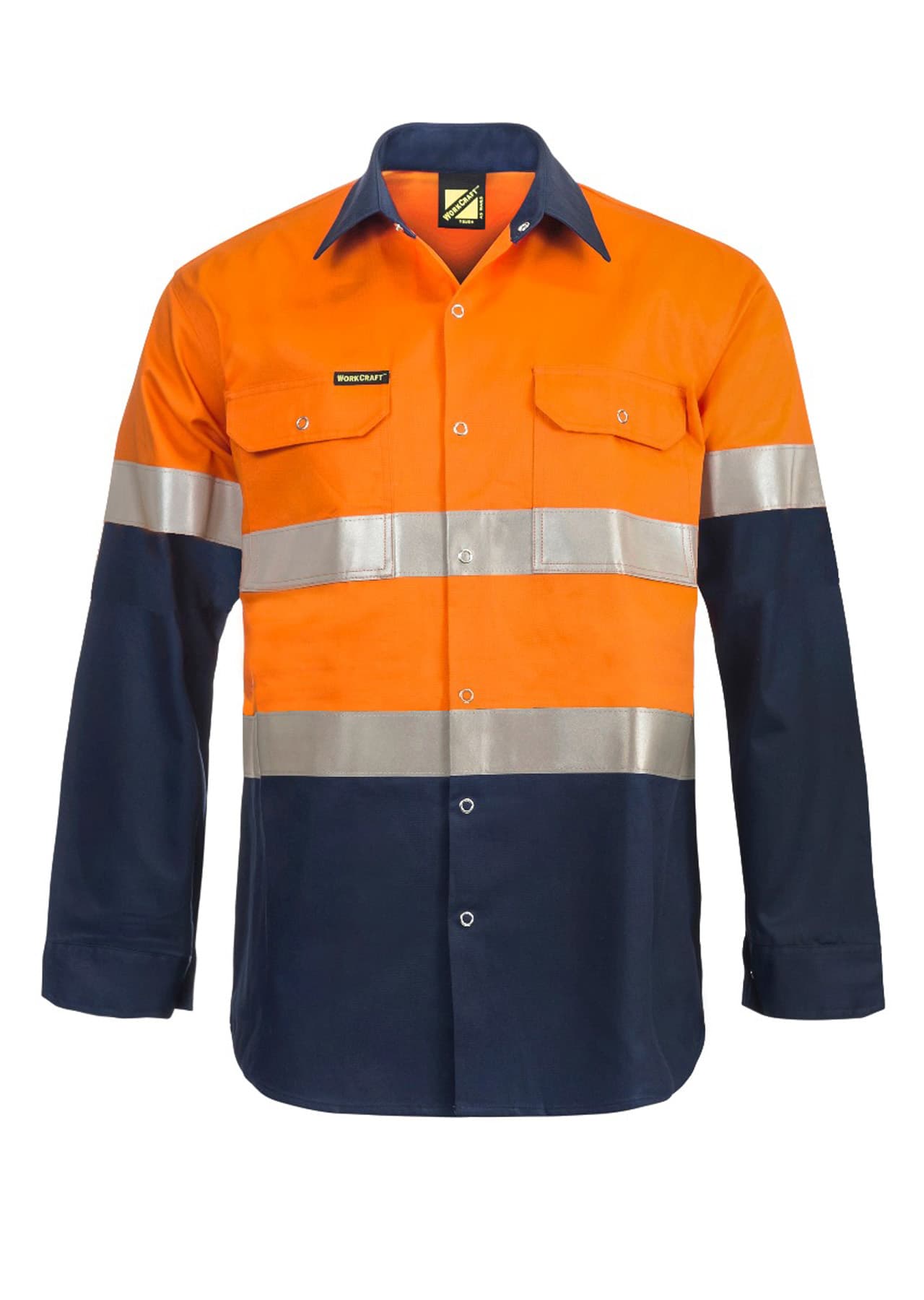 Workcraft Hi Vis Long Sleeve Cotton Drill Industrial Laundry Reflective Shirt With Press Studs (Navy/Orange)