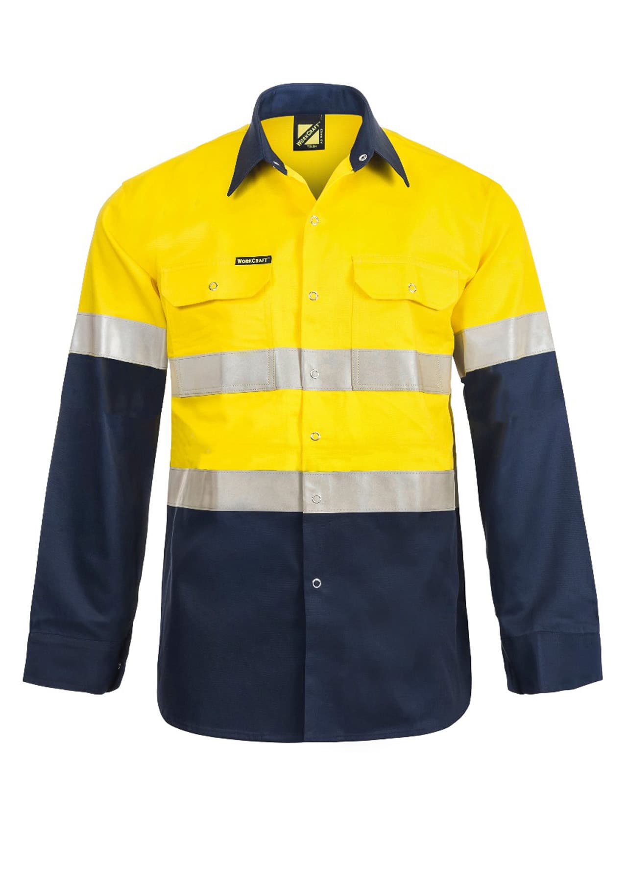 Workcraft Hi Vis Long Sleeve Cotton Drill Industrial Laundry Reflective Shirt With Press Studs (Navy/Yellow)