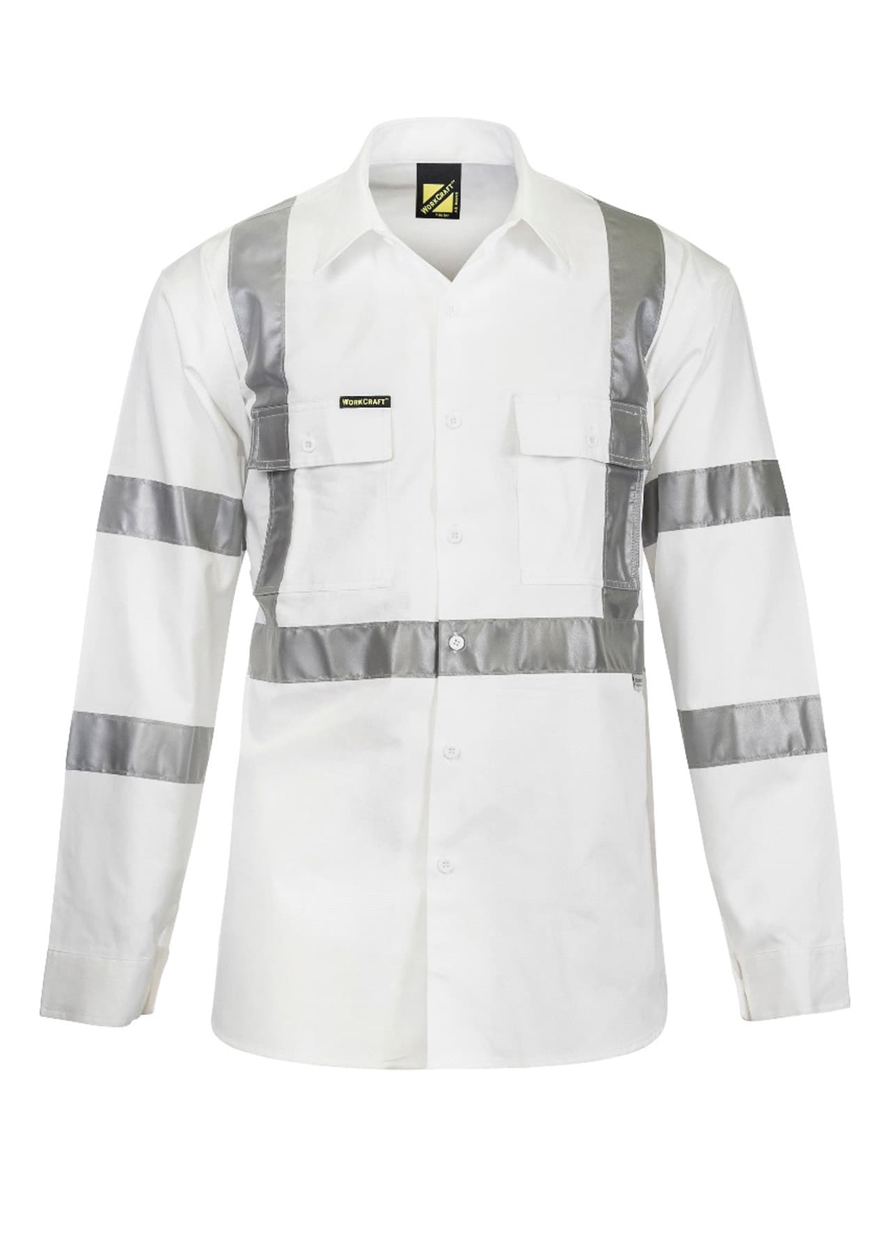 Workcraft Hi Vis Long Sleeve Cotton Drill Reflective Shirt With X Pattern (White)