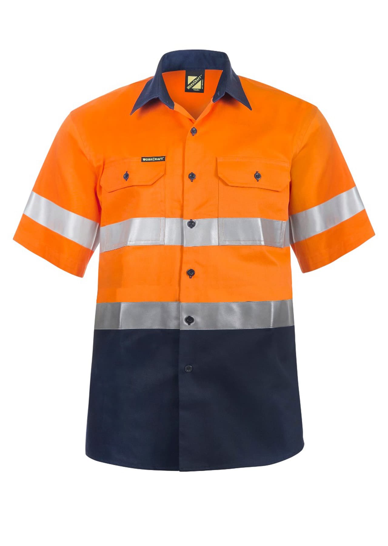 Workcraft Hi Vis Short Sleeve Cotton Drill Reflective Shirt (Navy/Orange)