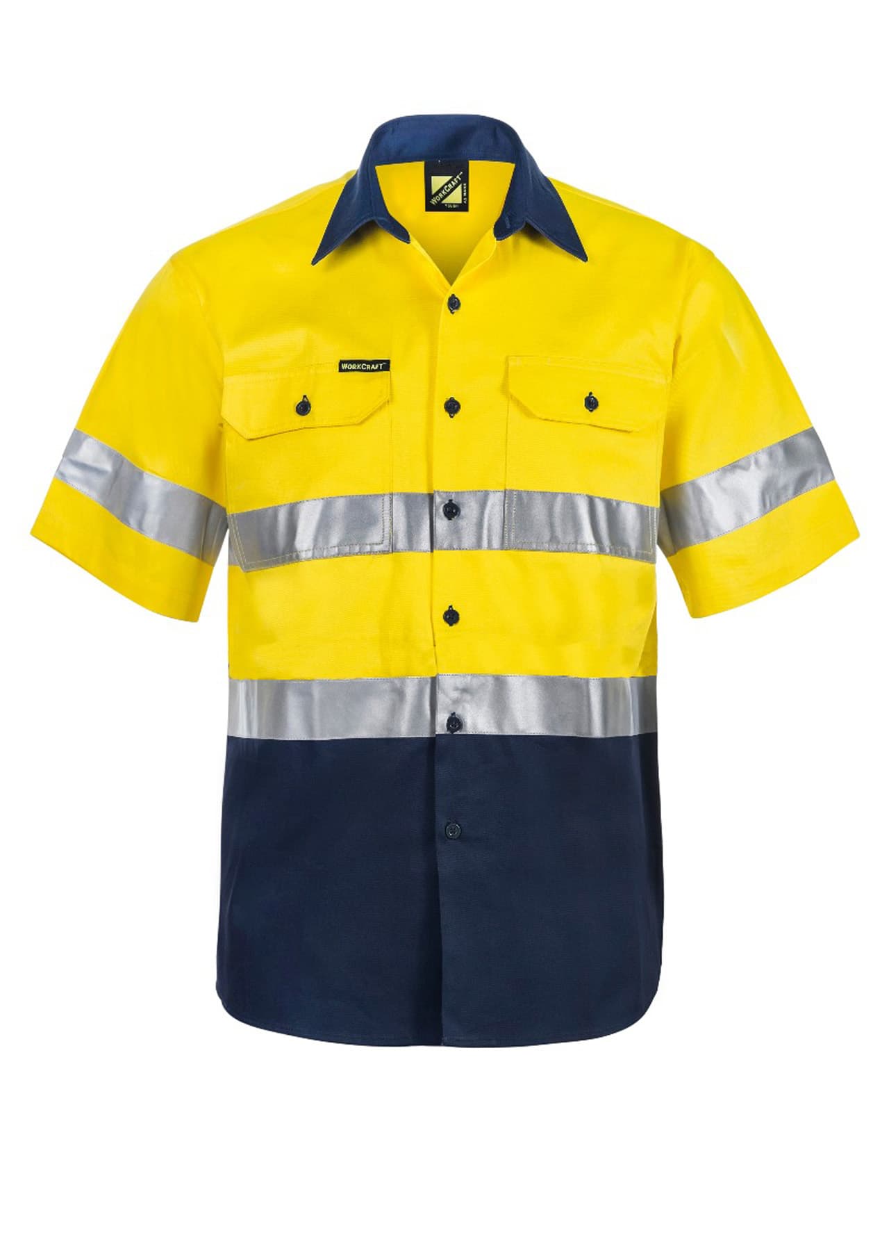 Workcraft Hi Vis Short Sleeve Cotton Drill Reflective Shirt (Navy/Yellow)