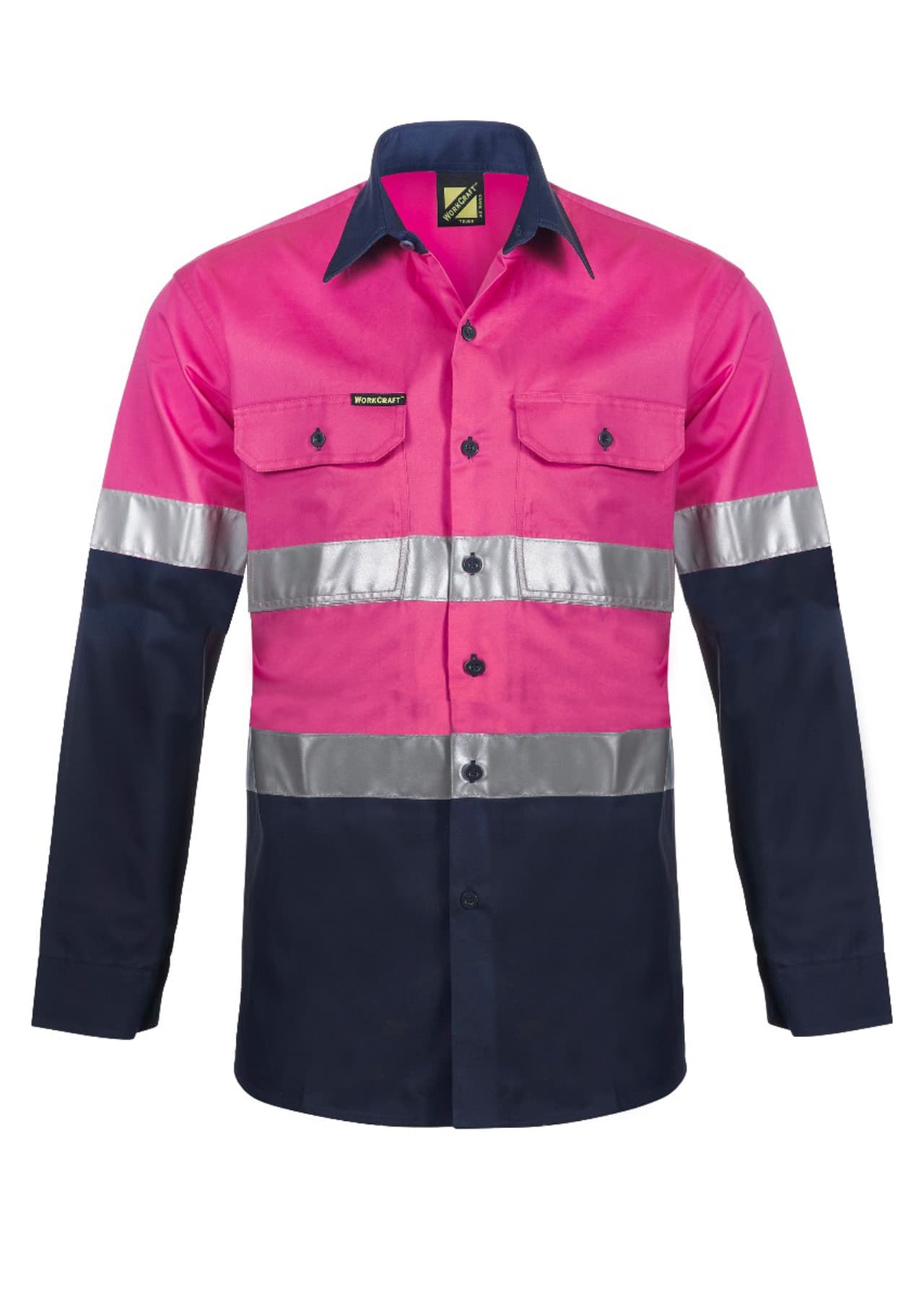 Workcraft Lightweight Long Sleeve Vented Cotton Drill Reflective Shirt - Night Use Only (Navy/Pink)