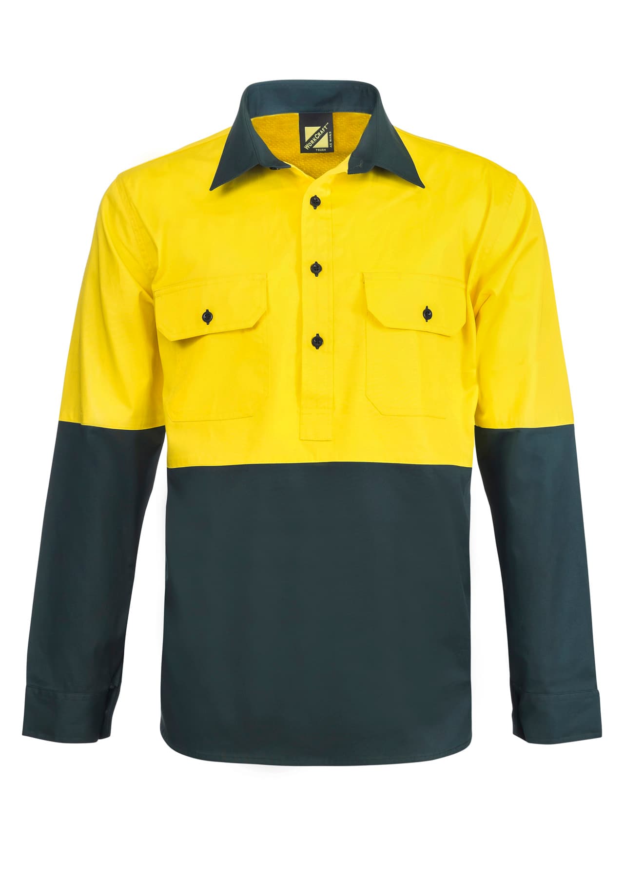 Workcraft Lightweight Hi Vis Closed Front Vented Cotton Drill Shirt With Semi Gusset Sleeves (Bottle Green/Yellow)