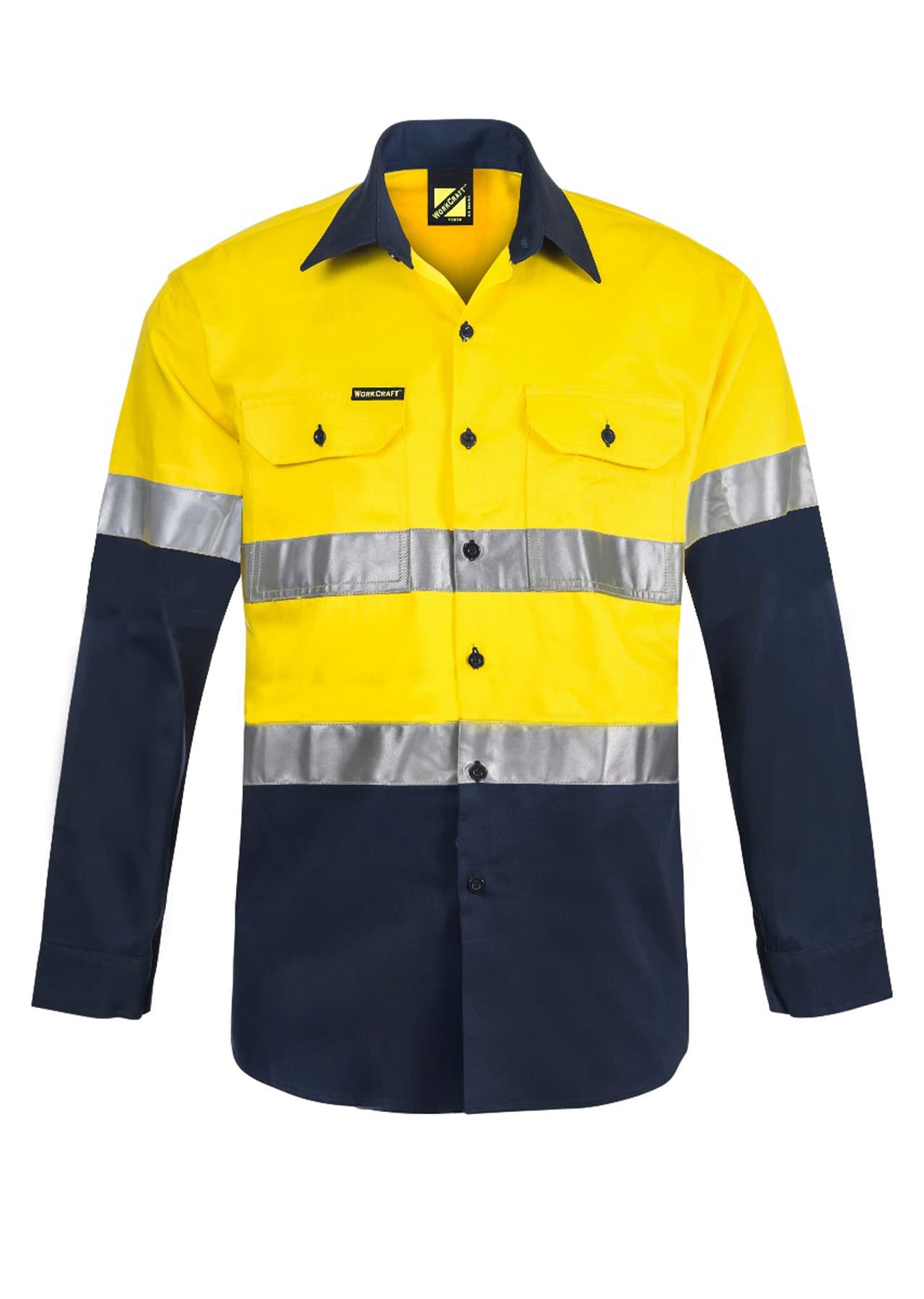 Workcraft Light Weight Hi Vis Long Sleeves Vented Cotton Drill Reflective Shirt (Navy/Yellow)