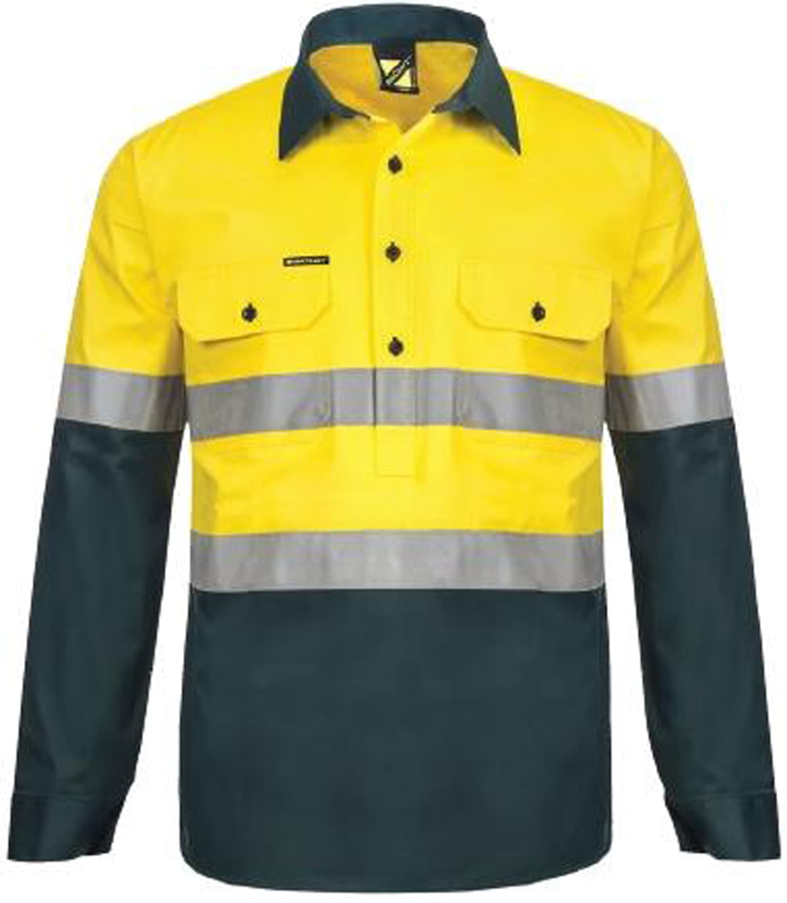 Workcraft Lightweight Hi Vis Closed Front Vented Cotton Drill Reflective Shirt With Semi Gusset Sleeves (Bottle Green/Yellow)