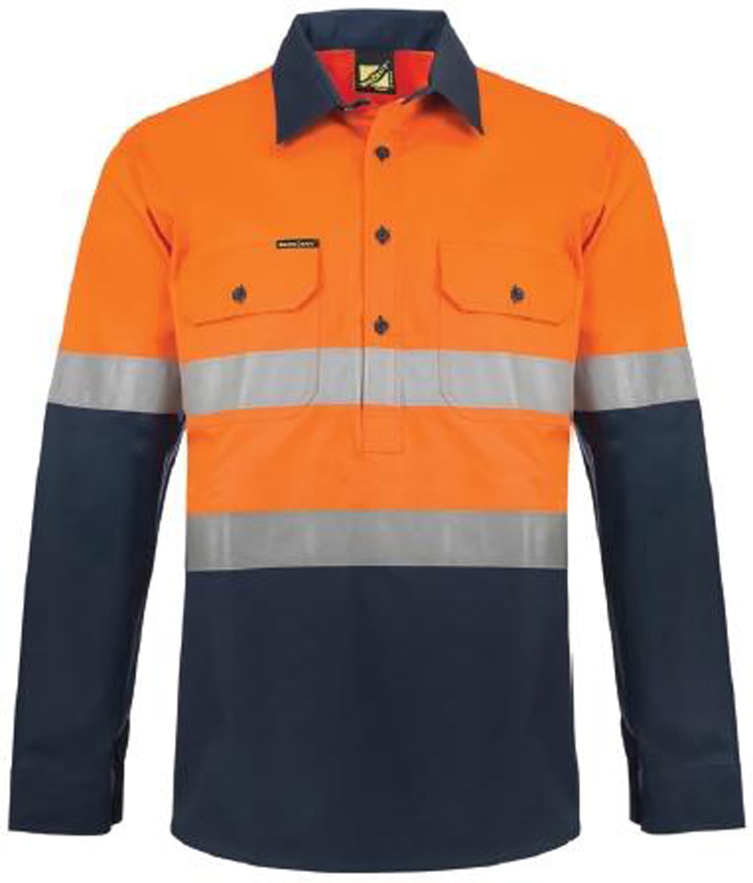 Workcraft Hi Vis Closed Front Cotton Drill Reflective Shirt With Semi Gusset Sleeves (Navy/Orange)
