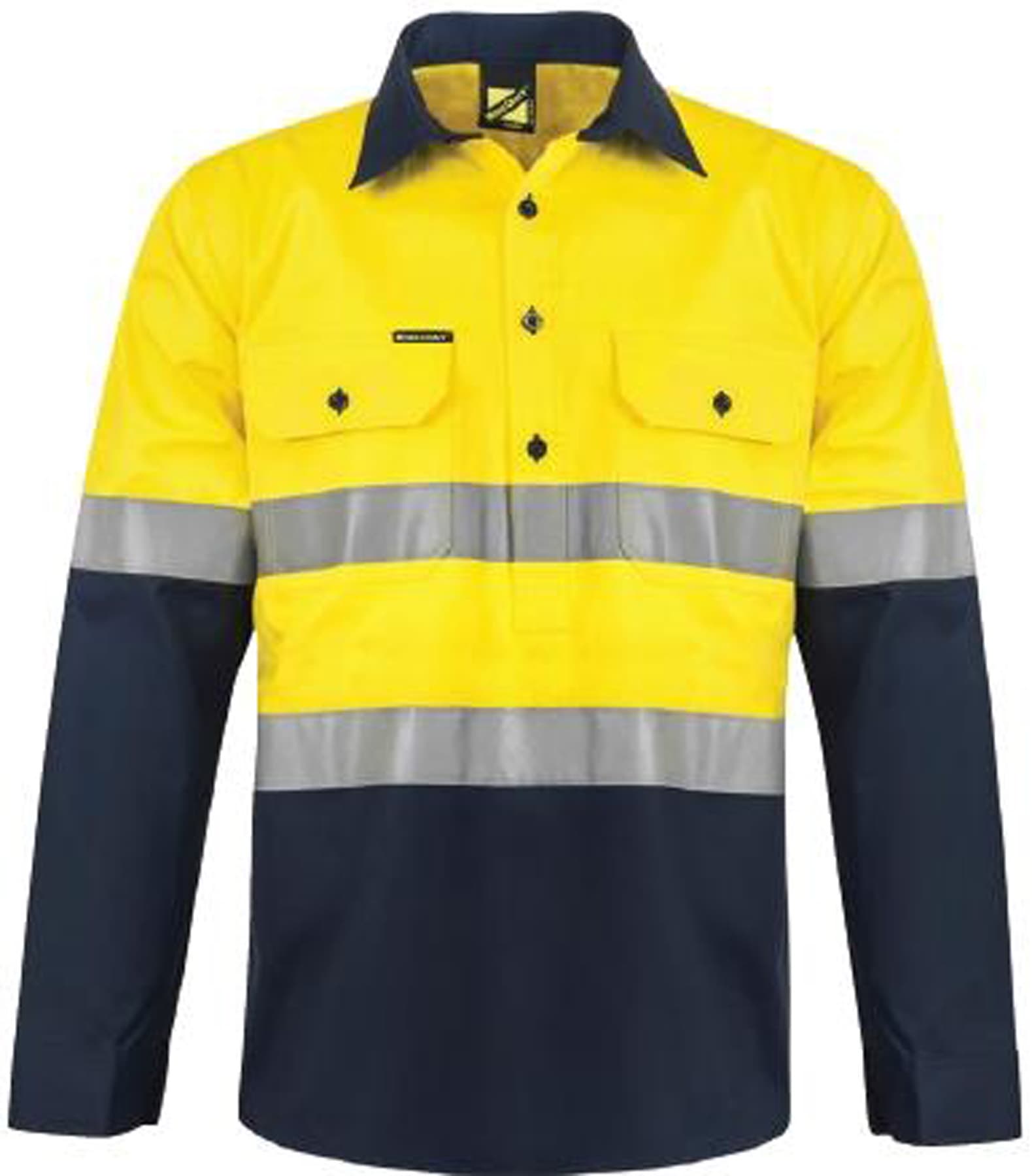 Workcraft Hi Vis Closed Front Cotton Drill Reflective Shirt With Semi Gusset Sleeves (Navy/Yellow)