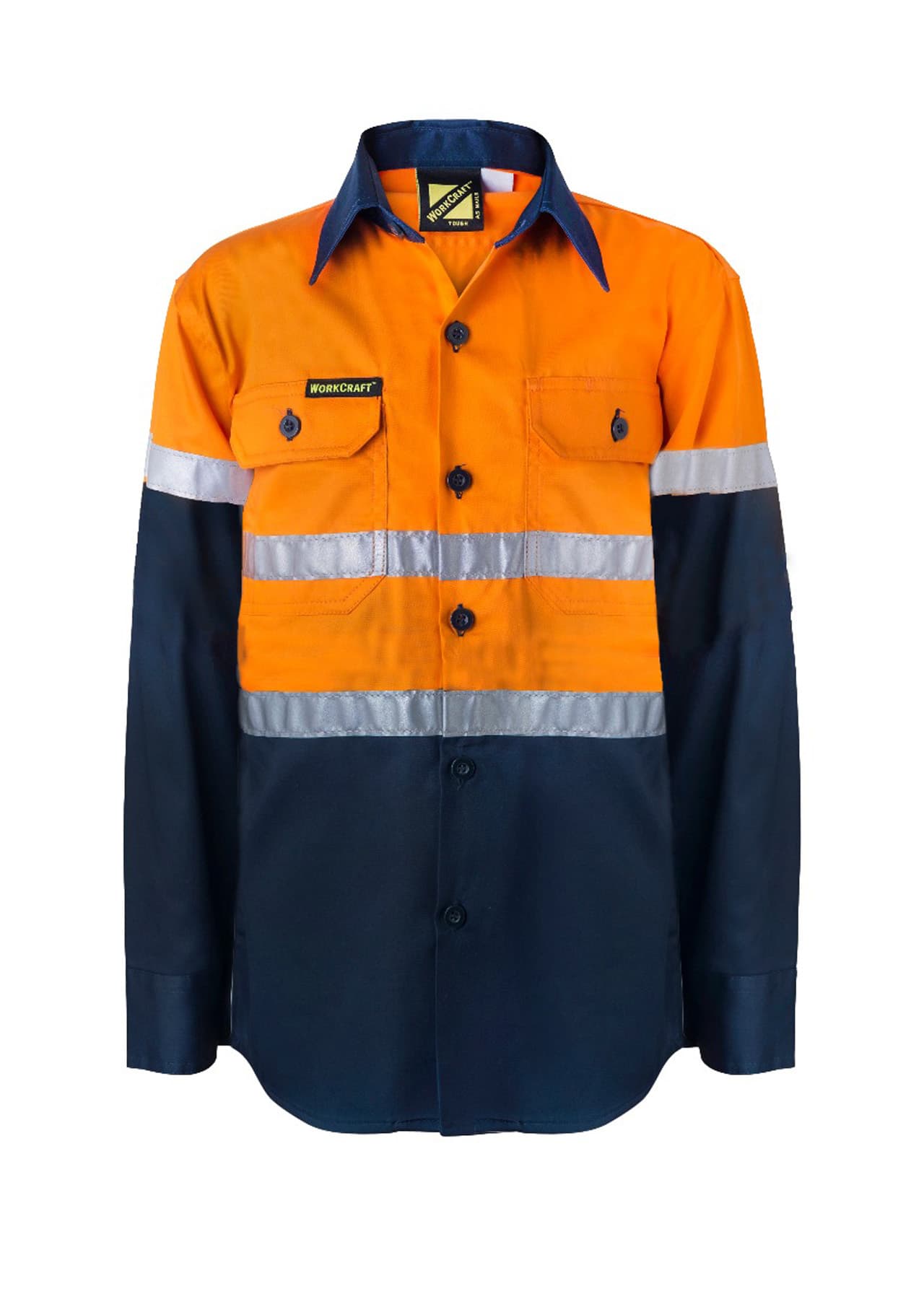 Workcraft Kids Lightweight Hi Vis Long Sleeve Reflective Cotton Drill Shirt (Navy/Orange)
