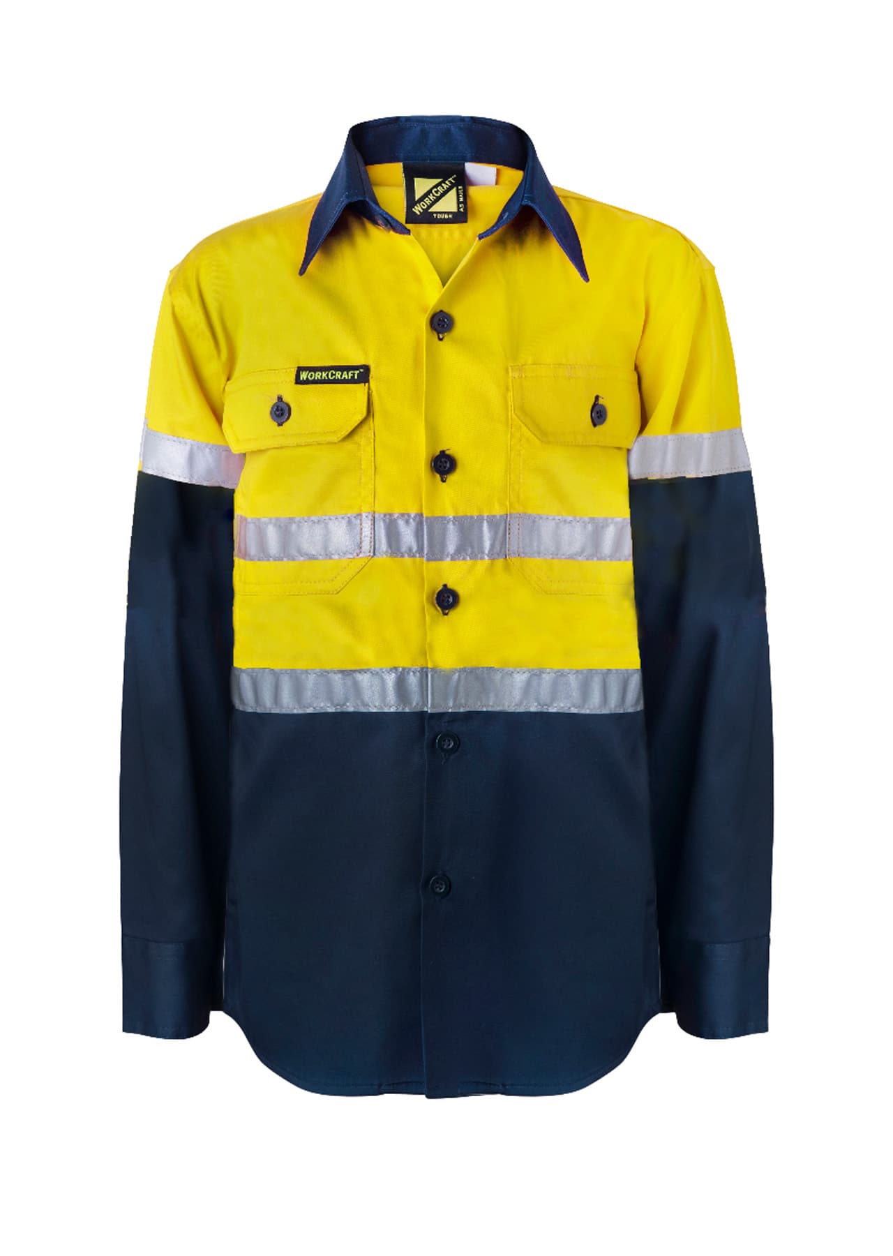 Workcraft Kids Lightweight Hi Vis Long Sleeve Reflective Cotton Drill Shirt (Navy/Yellow)