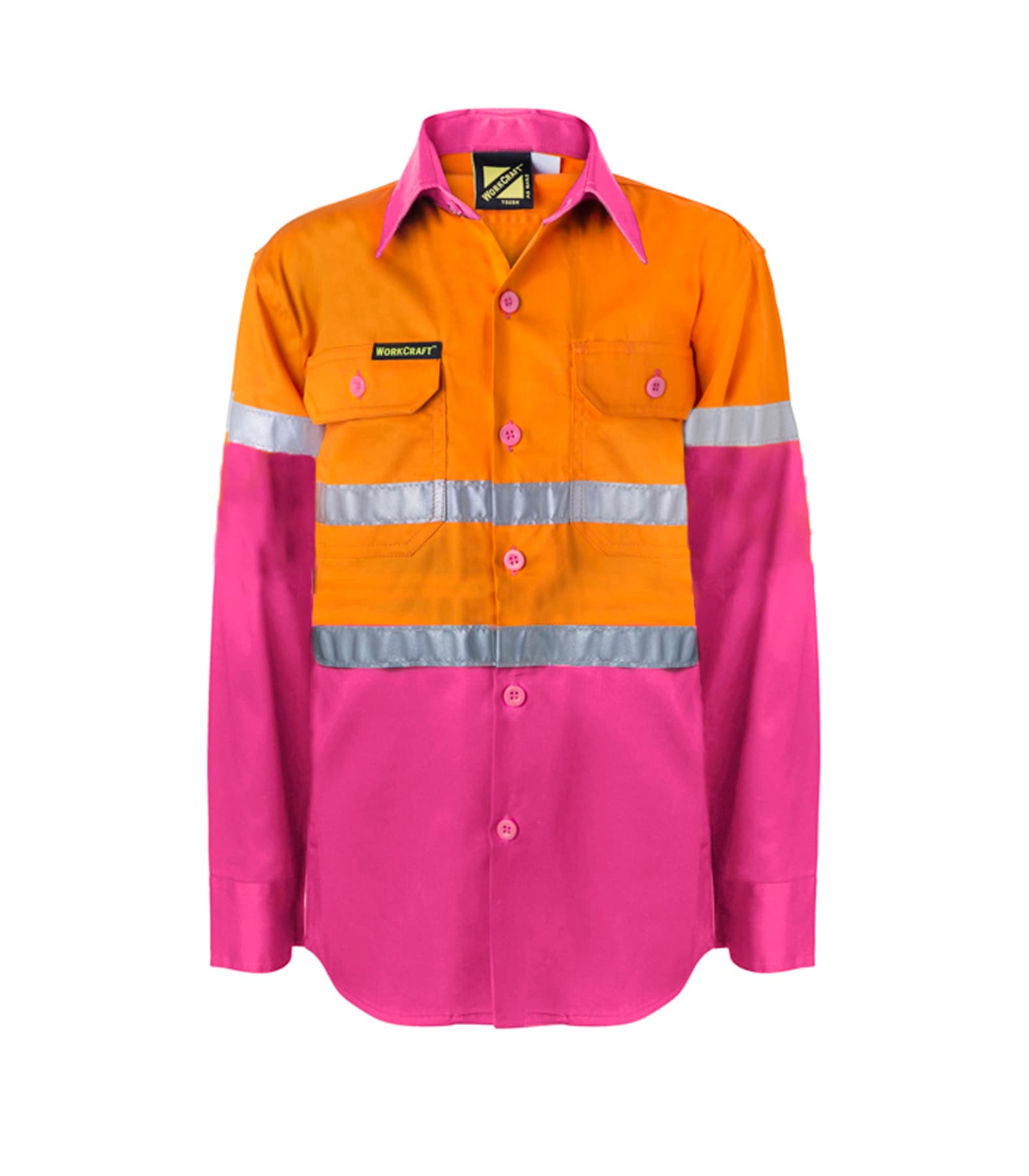 Workcraft Kids Lightweight Hi Vis Long Sleeve Reflective Cotton Drill Shirt (Pink/Orange)