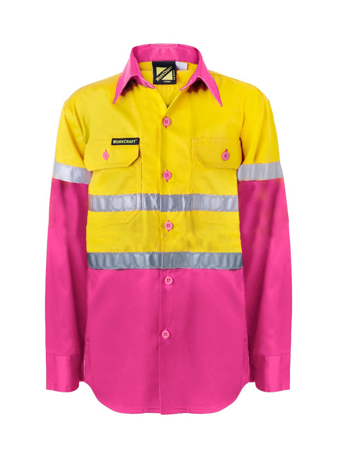 Workcraft Kids Lightweight Hi Vis Long Sleeve Reflective Cotton Drill Shirt (Pink/Yellow)