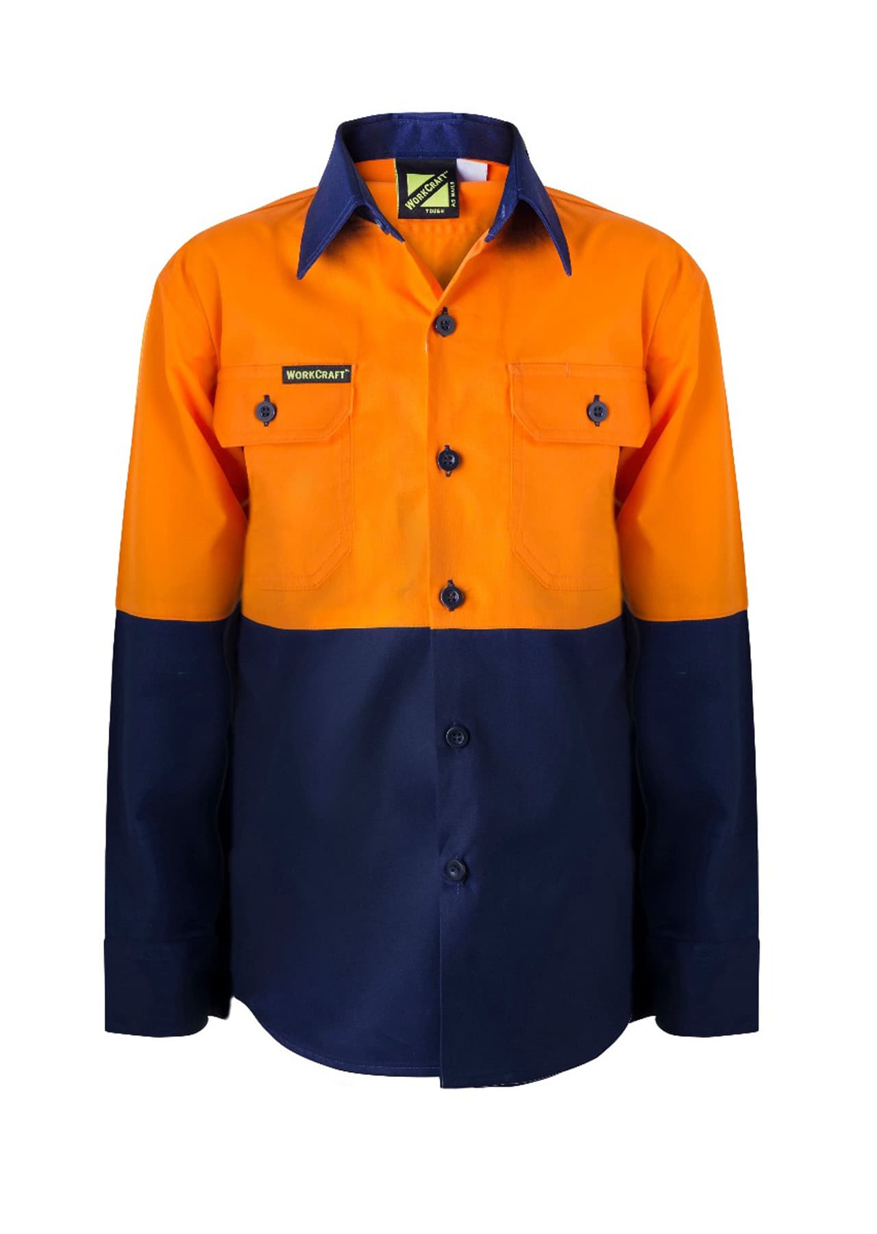 Workcraft Kids Lightweight Hi Vis Long Sleeve Cotton Drill Shirt (Navy/Orange)