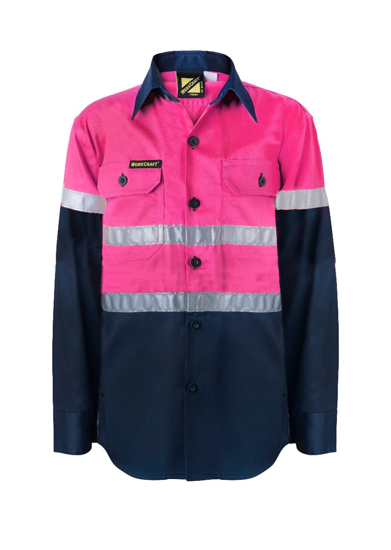 Workcraft Kids Lightweight Hi Vis Long Sleeve Reflective Cotton Drill Shirt (Navy/Pink)
