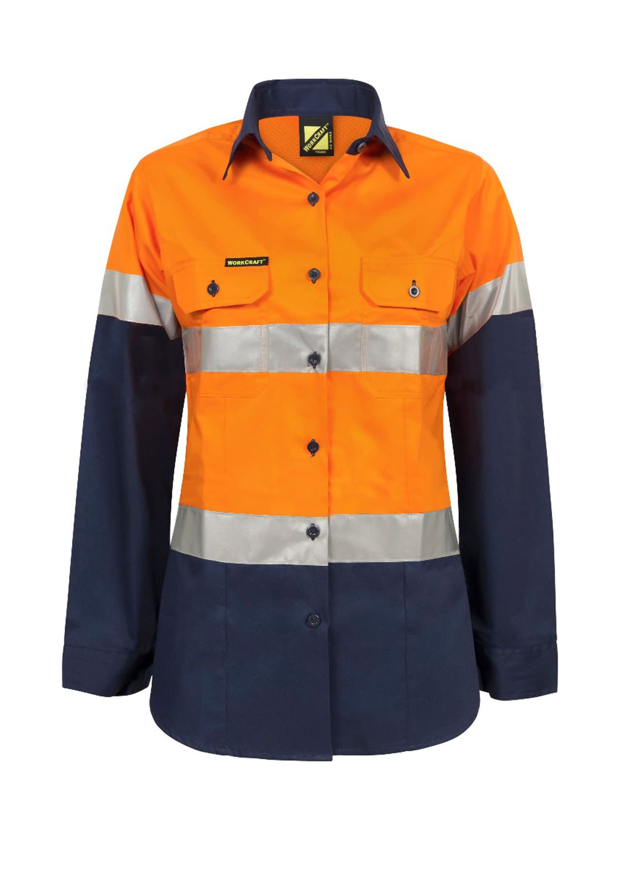 Workcraft Ladies Lightweight Hi Vis Long Sleeve Vented Reflective Cotton Drill Shirt (Navy/Orange)