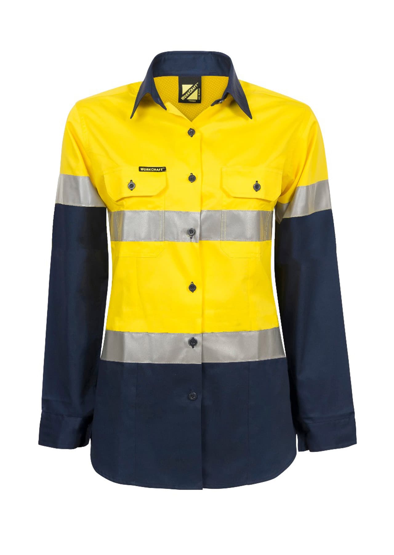 Workcraft Ladies Lightweight Hi Vis Long Sleeve Vented Reflective Cotton Drill Shirt (Navy/Yellow)