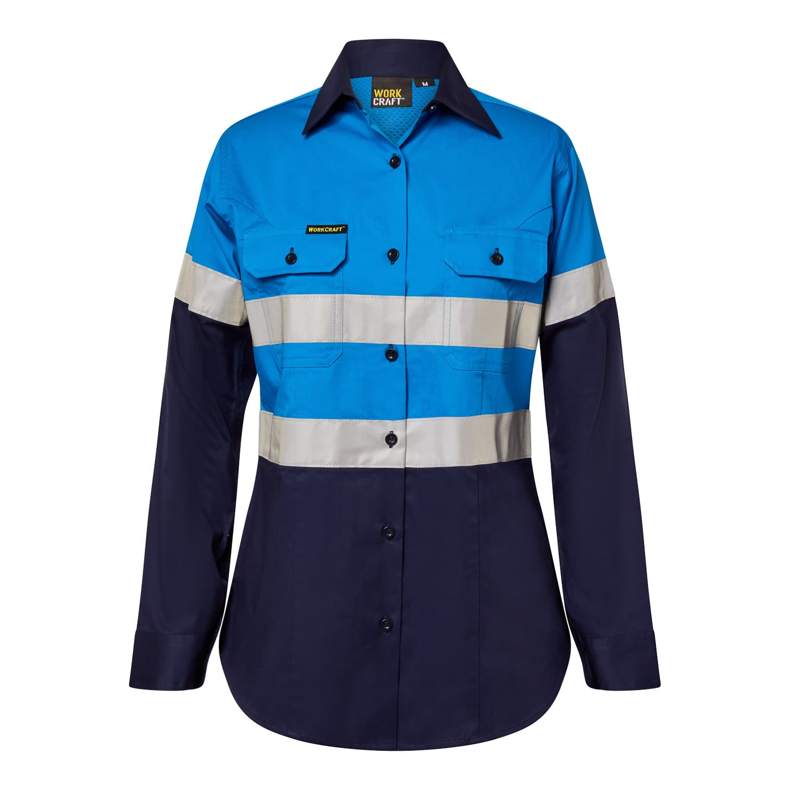 Workcraft Ladies Lightweight Hi Vis Long Sleeve Vented Reflective Cotton Drill Shirt - Night Use Only (Electric Blue/Navy)