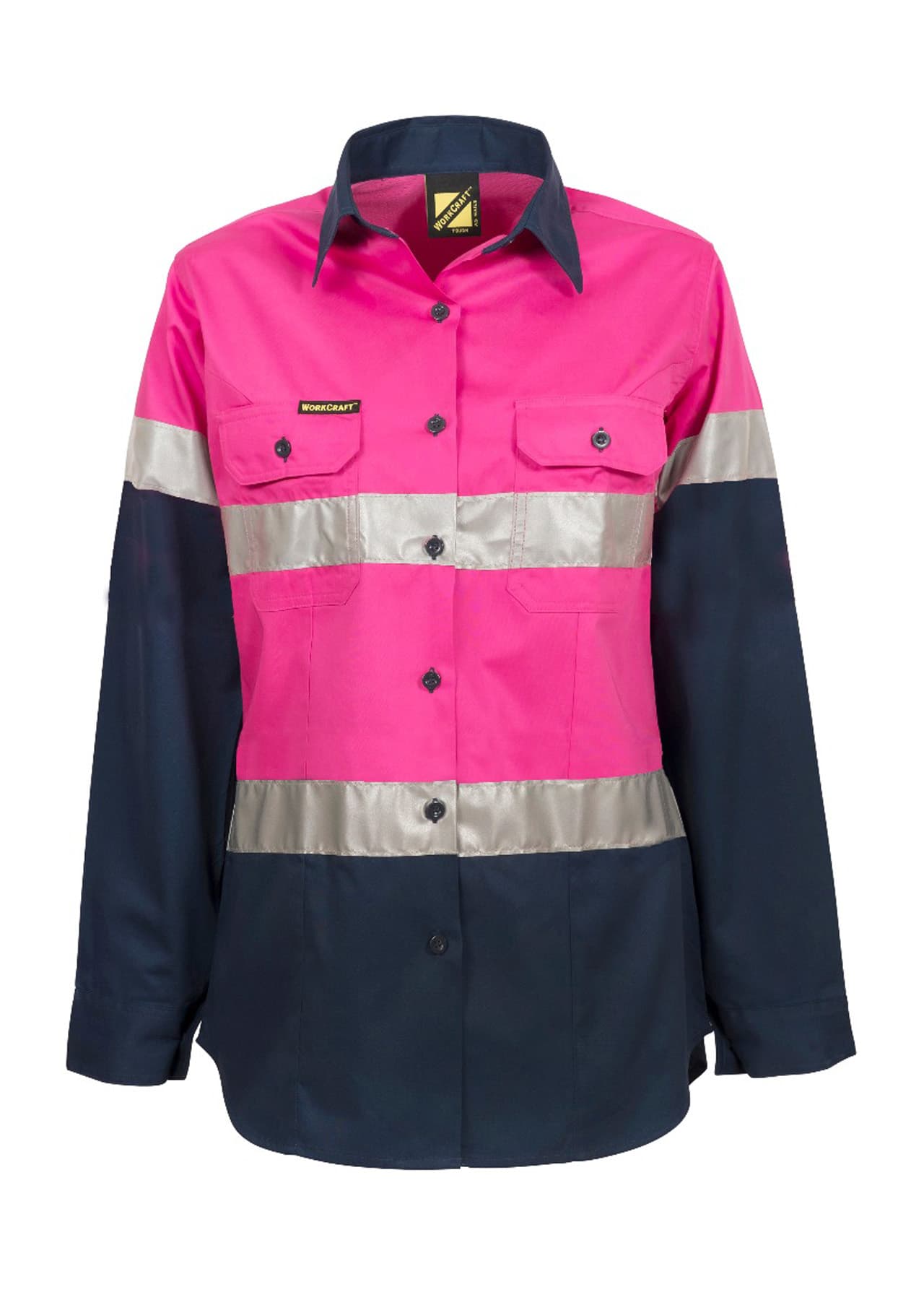 Workcraft Ladies Lightweight Hi Vis Long Sleeve Vented Reflective Cotton Drill Shirt - Night Use Only (Navy/Pink)
