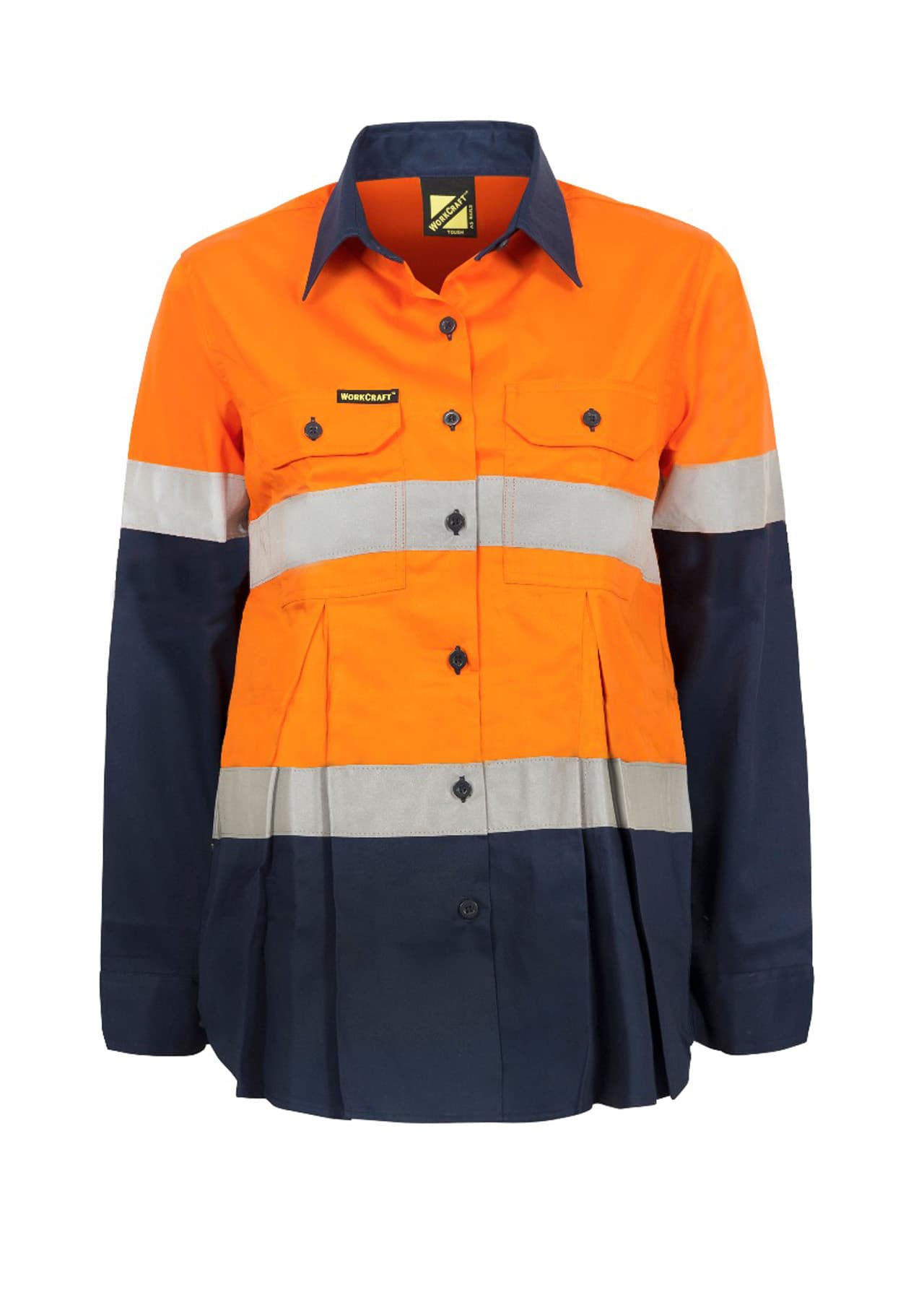 Workcraft Maternity Lightweight Hi Vis Long Sleeve Vented Reflective Cotton Drill Shirt (Navy/Orange)