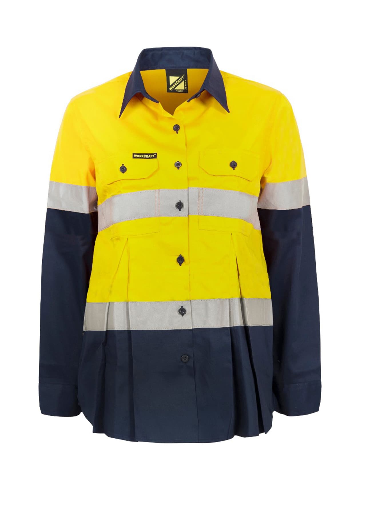 Workcraft Maternity Lightweight Hi Vis Long Sleeve Vented Reflective Cotton Drill Shirt (Navy/Yellow)