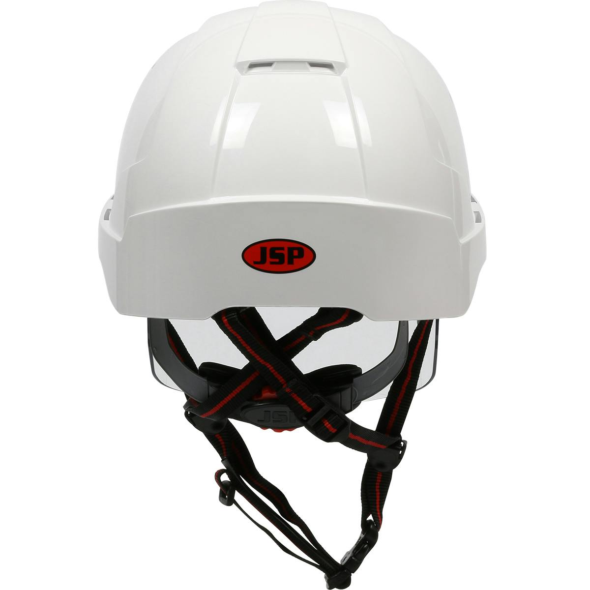Type I, Non-vented Industrial Safety Helmet with fully adjustable four point chinstrap, Lightweight ABS Shell, Integrated Faceshield, 6-Point Polyester Suspension and Wheel Ratchet Adjustment, White-Smoke (280-EVSN-CH) - OS_0