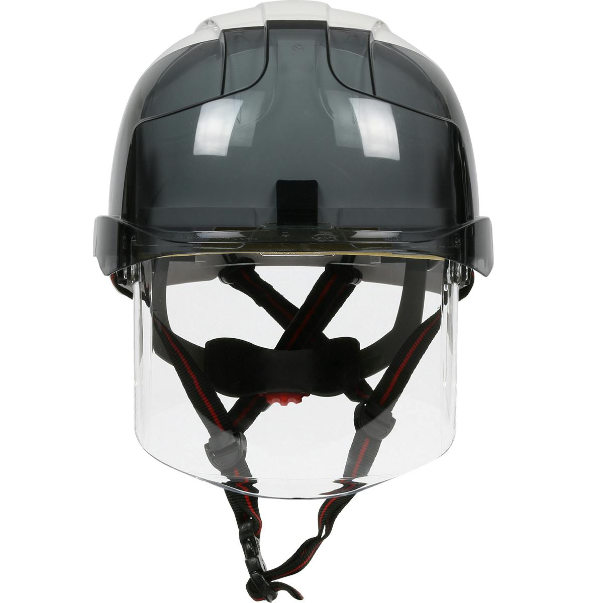 Type I, Non-vented Industrial Safety Helmet with fully adjustable four point chinstrap, Lightweight ABS Shell, Integrated Faceshield, 6-Point Polyester Suspension and Wheel Ratchet Adjustment, White-Smoke (280-EVSN-CH) - OS_1