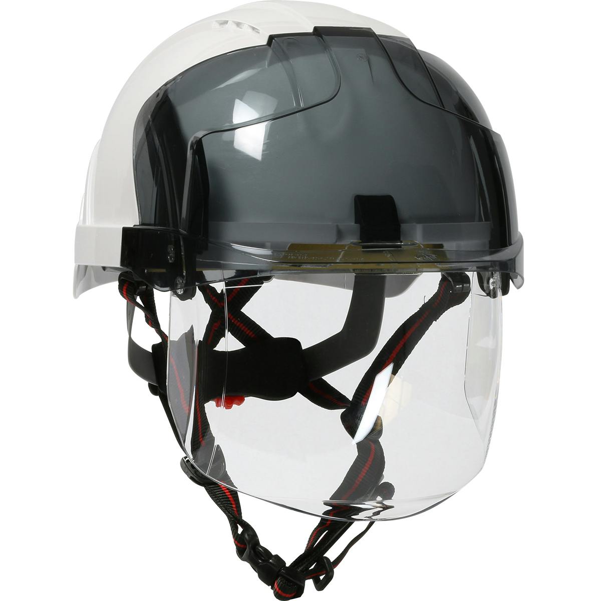 Type I, Non-vented Industrial Safety Helmet with fully adjustable four point chinstrap, Lightweight ABS Shell, Integrated Faceshield, 6-Point Polyester Suspension and Wheel Ratchet Adjustment, White-Smoke (280-EVSN-CH) - OS_2