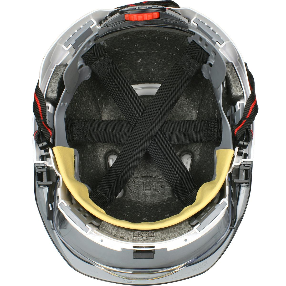 Type I, Non-vented Industrial Safety Helmet with fully adjustable four point chinstrap, Lightweight ABS Shell, Integrated Faceshield, 6-Point Polyester Suspension and Wheel Ratchet Adjustment, White-Smoke (280-EVSN-CH) - OS_3