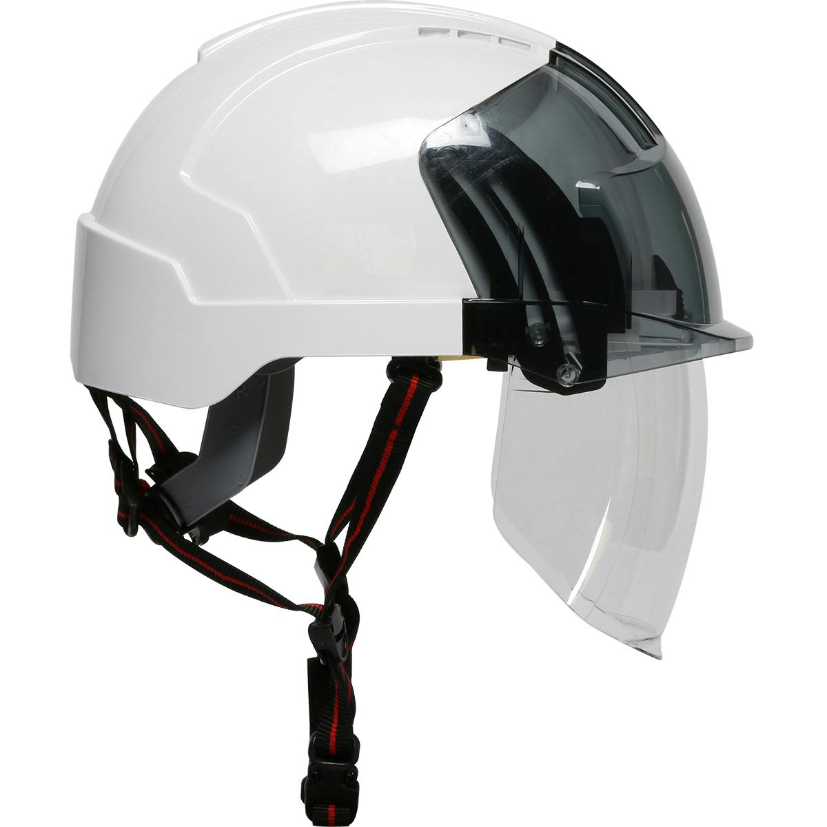 Type I, Non-vented Industrial Safety Helmet with fully adjustable four point chinstrap, Lightweight ABS Shell, Integrated Faceshield, 6-Point Polyester Suspension and Wheel Ratchet Adjustment, White-Smoke (280-EVSN-CH) - OS_4
