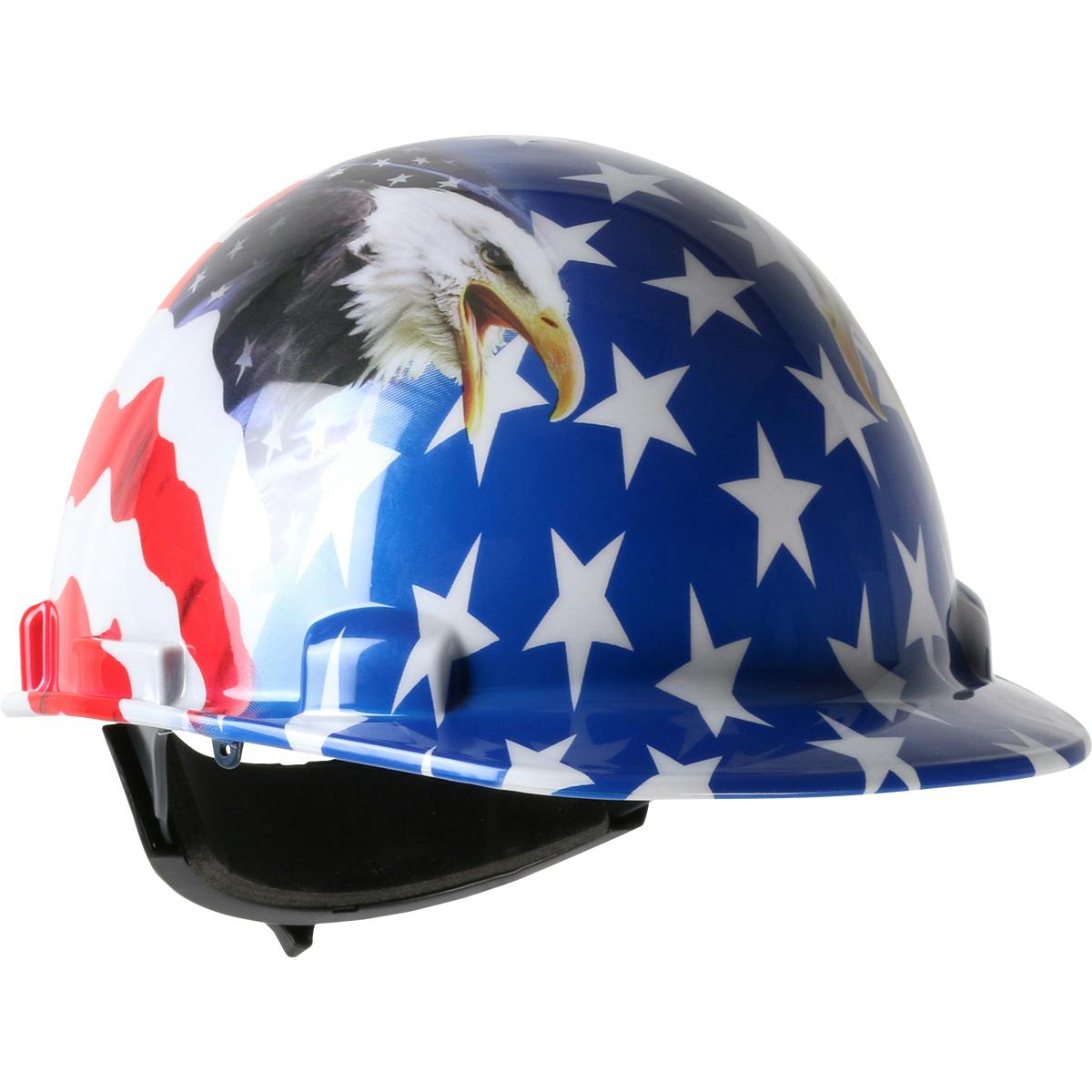 Cap Style Smooth Dome Hard Hat with HDPE Shell, 4-Point Textile Suspension, Graphic Wrap and Wheel-Ratchet Adjustment, Navy (280-HP341R-USA) - OS_1